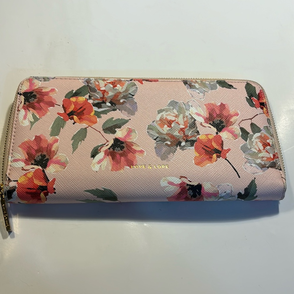 Love & Lore travel clutch pink floral numerous slots and pockets for documents